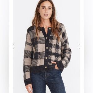 Madewell Plaid Cardigan Sweater in Black and Tan